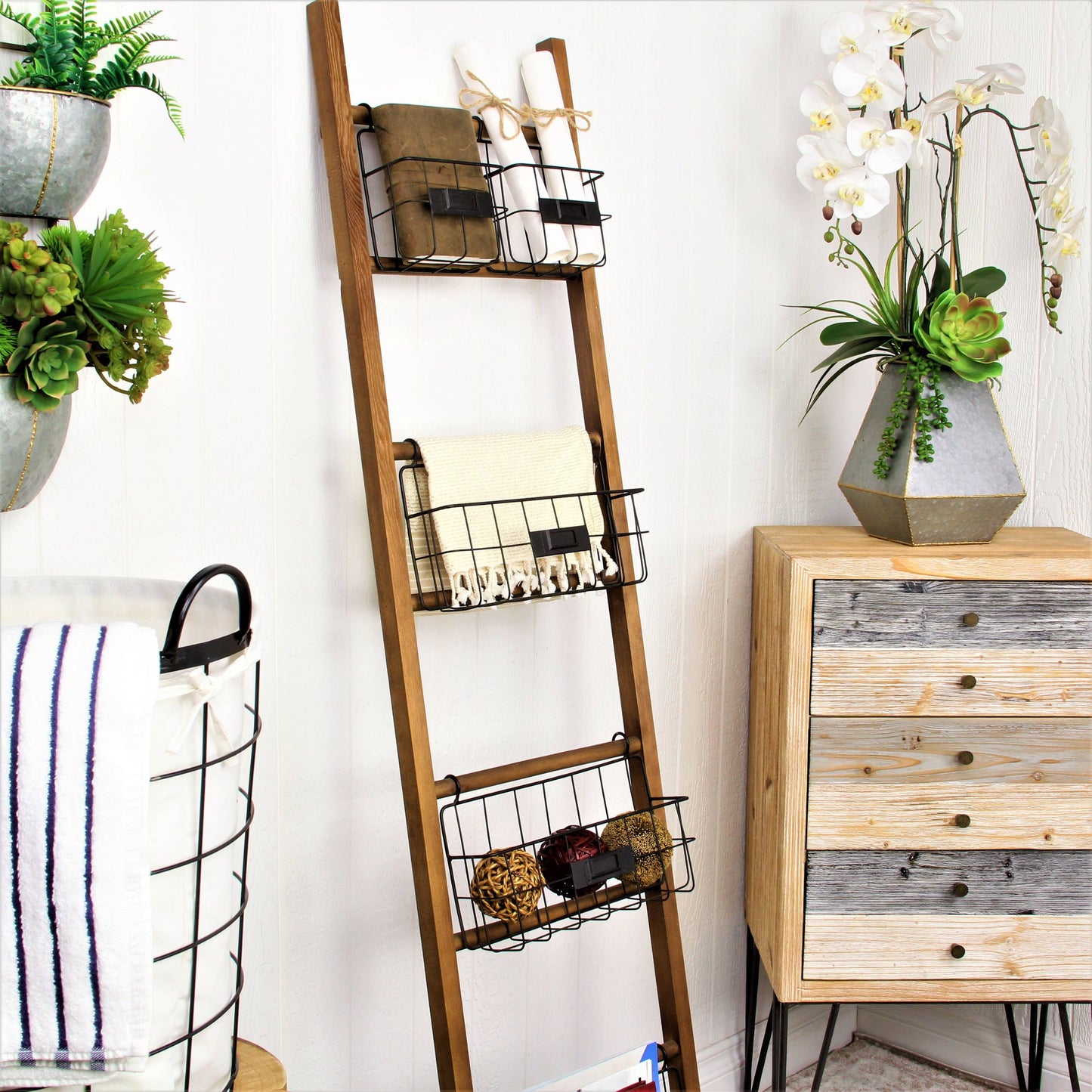 Cheungs Home Decor - Nevin Wooden 5 Basket Storage Ladder - | Display | Baskets |